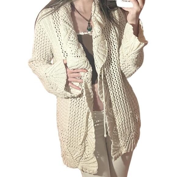 Hand Knit by Dollie Boho Ruffle Knit Cardigan Sweater M Merino Wool Cashmere - Picture 2 of 10